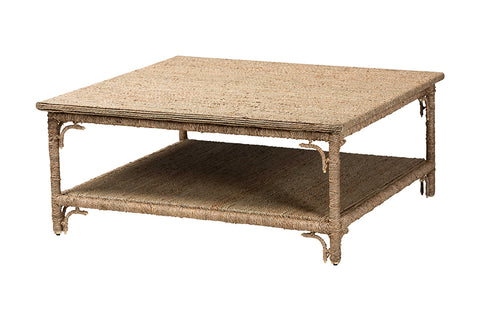 bali & pari Ganit Handwoven Seagrass Coffee Table - Square Center Table with Wrapped Frame and Lower Shelf, Coastal Boho Accent Furniture for Living Room or Lounge