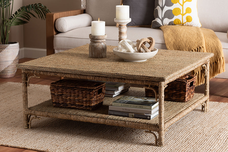 bali & pari Ganit Handwoven Seagrass Coffee Table - Square Center Table with Wrapped Frame and Lower Shelf, Coastal Boho Accent Furniture for Living Room or Lounge