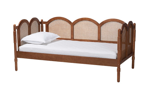 Baxton Studio Carmiya Scalloped Daybed - Twin Size Wooden Frame with Rattan Panels, Arched Boho Coastal Style Bed for Living Room or Guest Bedroom