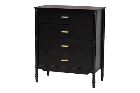 Baxton Studio Marisela Black Wood Chest of Drawers with Gold Handles - 4-Drawer Vertical Storage Dresser with Bamboo-Inspired Legs, Modern Transitional Accent Furniture for Bedroom or Guest Room