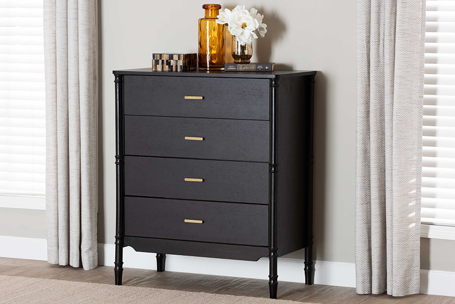 Baxton Studio Marisela Black Wood Chest of Drawers with Gold Handles - 4-Drawer Vertical Storage Dresser with Bamboo-Inspired Legs, Modern Transitional Accent Furniture for Bedroom or Guest Room