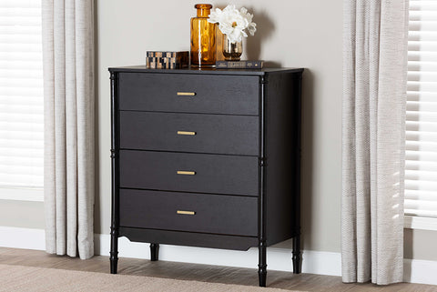 Baxton Studio Marisela Black Wood Chest of Drawers with Gold Handles - 4-Drawer Vertical Storage Dresser with Bamboo-Inspired Legs, Modern Transitional Accent Furniture for Bedroom or Guest Room