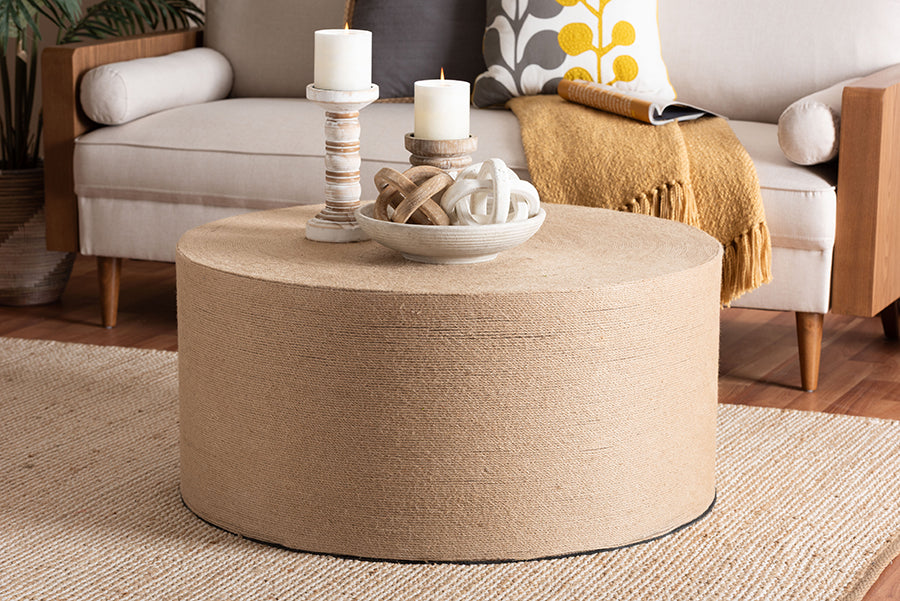 bali & pari Lapis Handwoven Jute Coffee Table - Boho Round Centerpiece with Natural Fiber Texture, Handcrafted Coastal Design for Living Room or Lounge Spaces