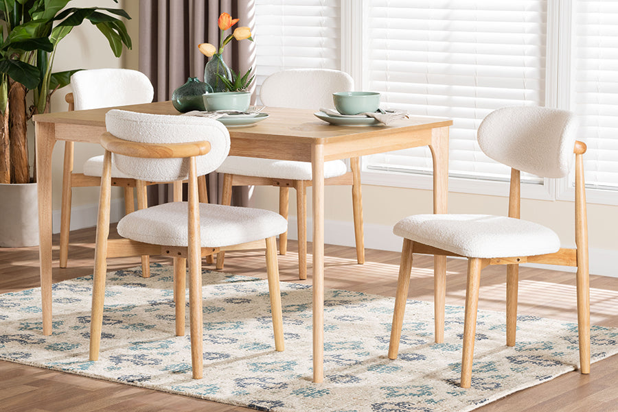 Baxton Studio Wattsu 5-Piece Dining Set - Solid Wood Rectangular Table with Boucle Upholstered Chairs, Mid-Century Modern Dining Furniture for Kitchen or Dining Room, Natural and White