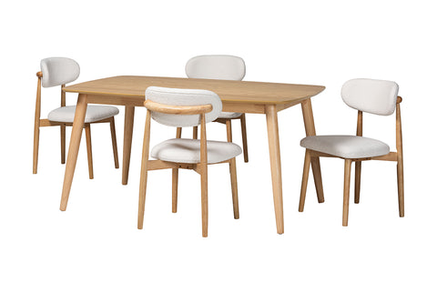 Baxton Studio Emily 5-Piece Dining Set - Solid Wood Rectangular Table with Boucle Upholstered Chairs, Mid-Century Modern Dining Furniture for Kitchen or Dining Room, Natural and White
