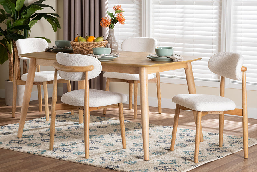 Baxton Studio Emily 5-Piece Dining Set - Solid Wood Rectangular Table with Boucle Upholstered Chairs, Mid-Century Modern Dining Furniture for Kitchen or Dining Room, Natural and White