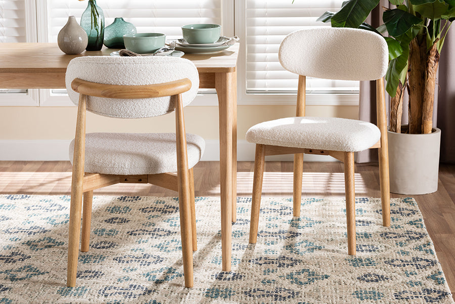 Baxton Studio Wattsu Boucle Upholstered Dining Chair Set of 2- Mid-Century Modern Side Chair with Solid Wood Frame and Rounded Backrest, Natural and White
