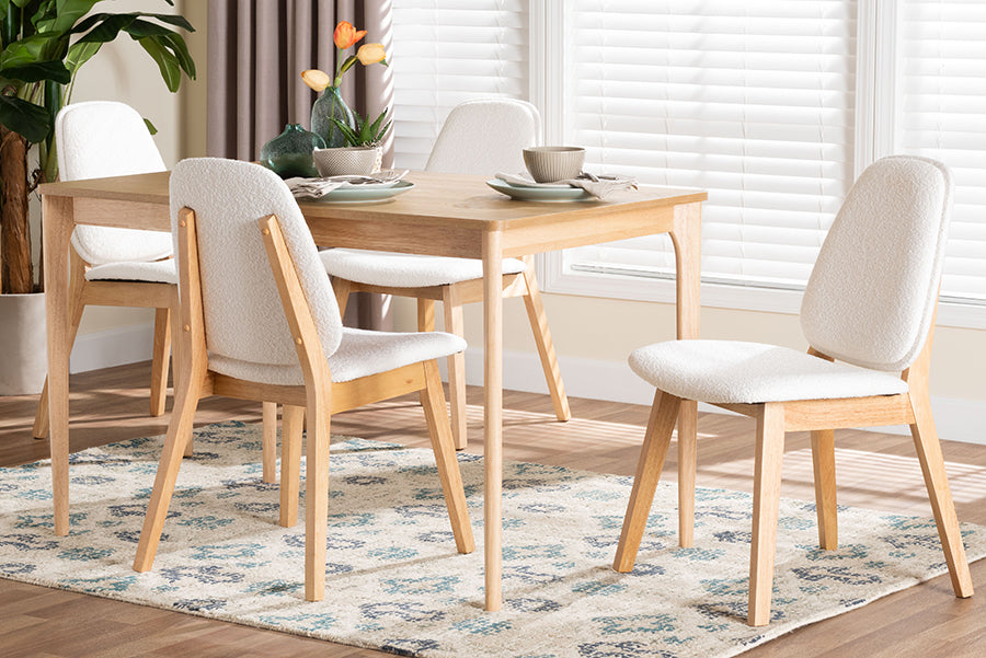 Baxton Studio Hudson 5-Piece Dining Set - Solid Wood Rectangular Table with Boucle Upholstered Chairs, Mid-Century Modern Dining Furniture for Kitchen or Dining Room, Natural and White