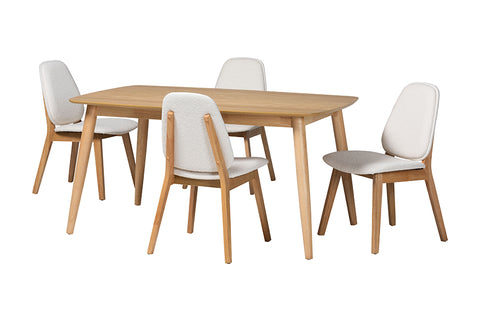 Baxton Studio Jennica 5-Piece Dining Set - Solid Wood Rectangular Table with Boucle Upholstered Chairs, Mid-Century Modern Dining Furniture for Kitchen or Dining Room, Natural and White