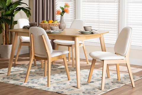 Baxton Studio Jennica 5-Piece Dining Set - Solid Wood Rectangular Table with Boucle Upholstered Chairs, Mid-Century Modern Dining Furniture for Kitchen or Dining Room, Natural and White