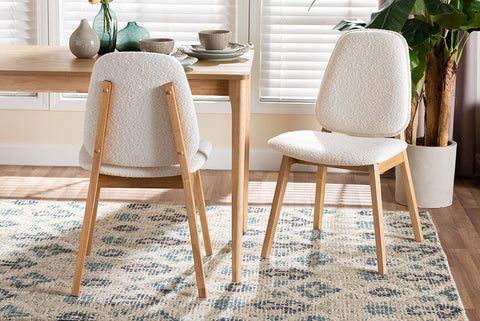 Baxton Studio Hudson Boucle Upholstered Dining Chair Set of 2- Mid-Century Modern Side Chair with Solid Wood Frame and Rounded Backrest, Natural and White