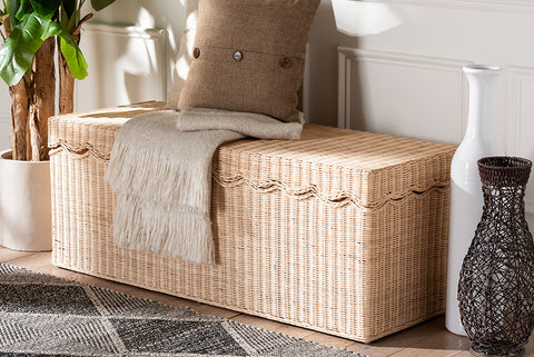 bali & pari Damita Scallop Natural Rattan Chest with Lift-top Lid - Coastal Boho Style Storage Bench for Bedroom, Entryway, or Living Room Organization
