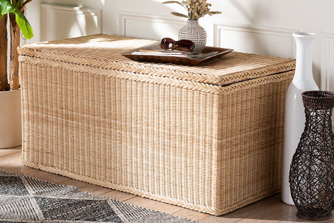 bali & pari Caden Braided Natural Rattan Chest with Lift-top Lid - Coastal Boho Style Storage Bench for Bedroom, Entryway, or Living Room Organization