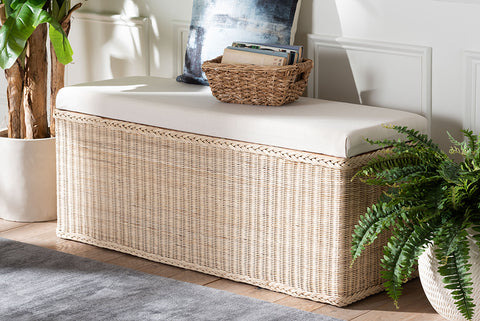 bali & pari Barid Braided Natural Rattan Storage Bench with Cushioned Lift-Top Lid - Coastal Boho Style Chest for Bedroom, Entryway, or Living Room Organization, Natural, 45" Rectangle