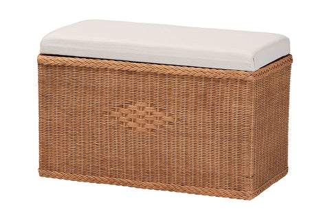 bali & pari Eamon Braided Natural Rattan Storage Bench with Cushioned Lift-Top Lid - Coastal Boho Style Chest for Bedroom, Entryway, or Living Room Organization, 31" Rectangle, Brown