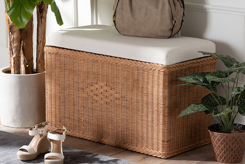 bali & pari Eamon Braided Natural Rattan Storage Bench with Cushioned Lift-Top Lid - Coastal Boho Style Chest for Bedroom, Entryway, or Living Room Organization, 31" Rectangle, Brown