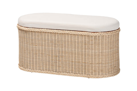 bali & pari Barid Braided Natural Rattan Storage Bench with Cushioned Lift-Top Lid - Coastal Boho Style Chest for Bedroom, Entryway, or Living Room Organization, Natural, 39" Oval