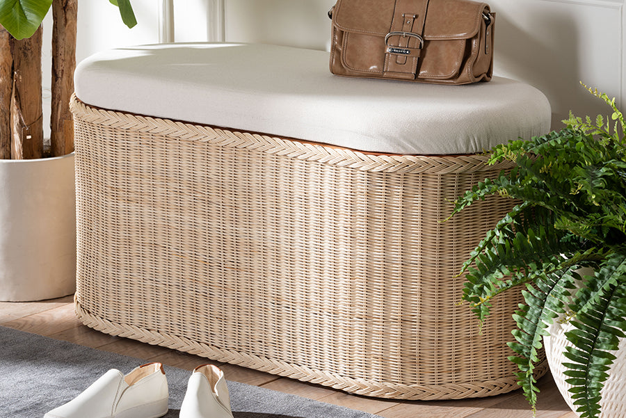bali & pari Barid Braided Natural Rattan Storage Bench with Cushioned Lift-Top Lid - Coastal Boho Style Chest for Bedroom, Entryway, or Living Room Organization, Natural, 39" Oval