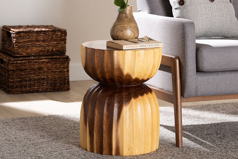 bali & pari Noleta Hand-carved Suar Wood Side Table - Sculptural Hourglass Accent Table with Natural Grain, Modern Boho Style for Living Room or Bedroom