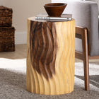 bali & pari Fuchsia Hand-carved Suar Wood Side Table - Round Sculptural Accent Table with Wave Design, Modern Boho Rustic Style for Living Room or Bedroom