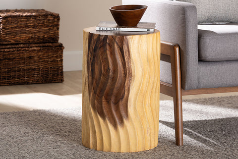 bali & pari Fuchsia Hand-carved Suar Wood Side Table - Round Sculptural Accent Table with Wave Design, Modern Boho Rustic Style for Living Room or Bedroom
