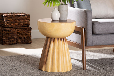 bali & pari Alara Hand-carved Suar Wood Side Table - Sculptural Pedestal Accent Table with Natural Grain, Modern Boho Style for Living Room or Bedroom