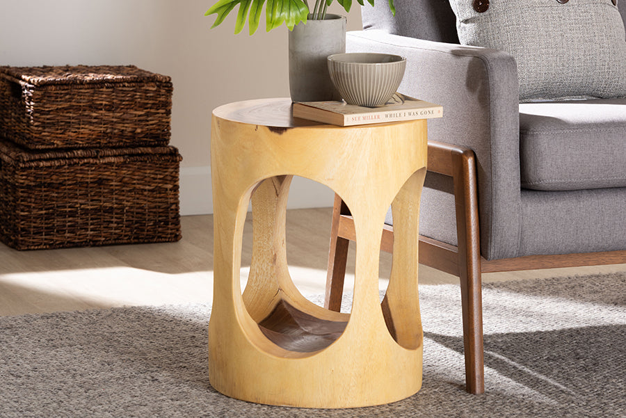 bali & pari Kaseko Hand-carved Suar Wood Side Table - Sculptural Accent Table with Open Work Design, Modern Boho Style for Living Room or Bedroom