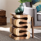 bali & pari Eliada Hand-carved Suar Wood Side Table - Wavy Sculptural Accent Table with Stacked Design, Modern Boho Style for Living Room or Bedroom