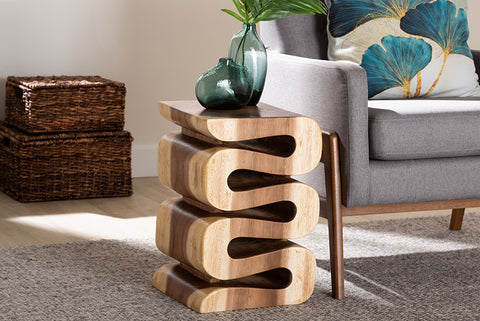 bali & pari Eliada Hand-carved Suar Wood Side Table - Wavy Sculptural Accent Table with Stacked Design, Modern Boho Style for Living Room or Bedroom