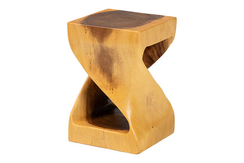 bali & pari Rapha Hand-carved Suar Wood Side Table with Shelf - Sculptural Accent Table with Twist Design, Modern Boho Style for Living Room or Bedroom