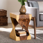 bali & pari Rapha Hand-carved Suar Wood Side Table with Shelf - Sculptural Accent Table with Twist Design, Modern Boho Style for Living Room or Bedroom