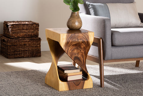 bali & pari Rapha Hand-carved Suar Wood Side Table with Shelf - Sculptural Accent Table with Twist Design, Modern Boho Style for Living Room or Bedroom