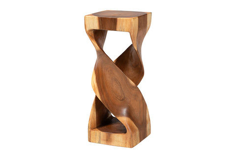 bali & pari Rapha Suar Wood Accent Table - Hand-Carved Sculptural Pedestal Stand with Twist Design, Modern Boho Side Table for Living Room or Entryway, 29.5" Tall