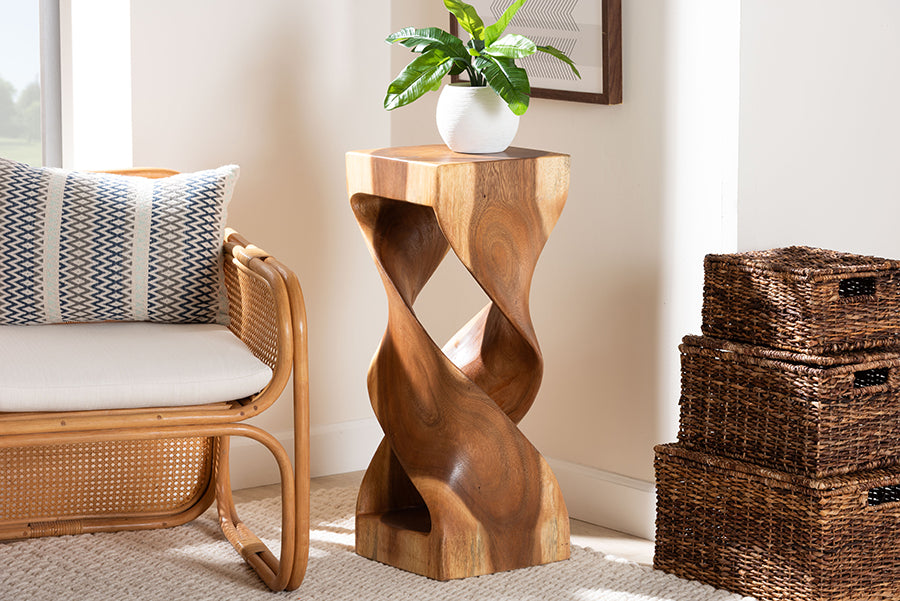 bali & pari Rapha Suar Wood Accent Table - Hand-Carved Sculptural Pedestal Stand with Twist Design, Modern Boho Side Table for Living Room or Entryway, 29.5" Tall
