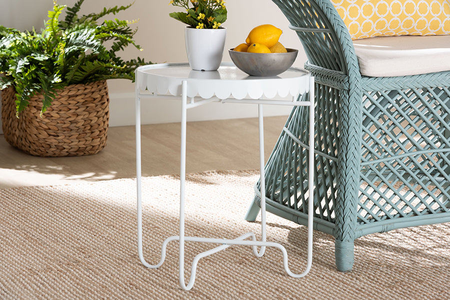 Baxton Studio Laverne White Metal Side Table with Scalloped Tray Top - Round Accent Table with Decorative Base for Indoor or Semi-Outdoor Use