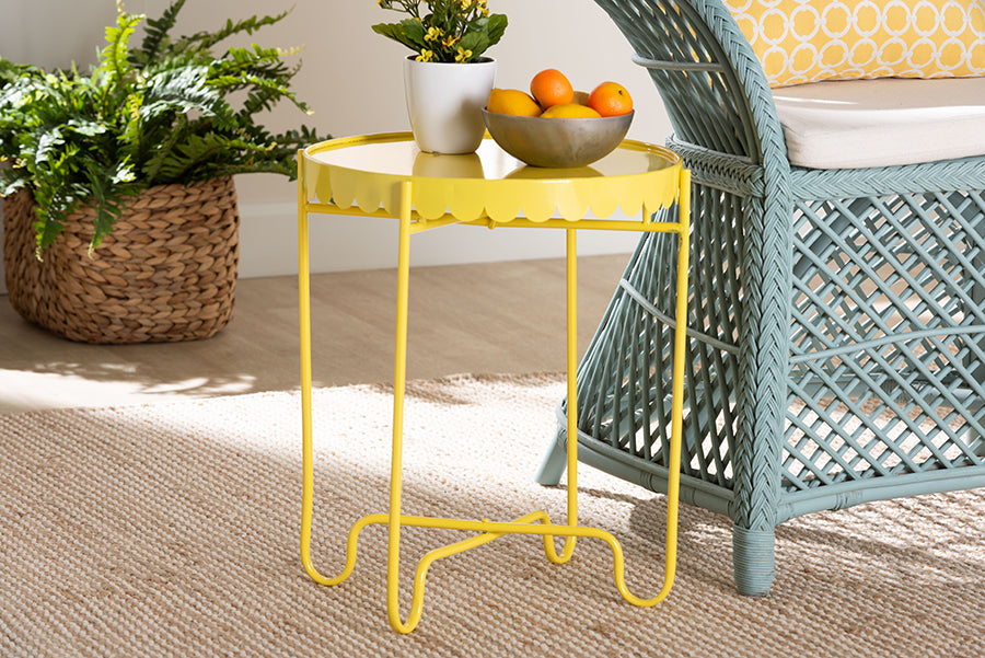 Baxton Studio Laverne Yellow Metal Side Table with Scalloped Tray Top - Round Accent Table with Decorative Base for Indoor or Semi-Outdoor Use