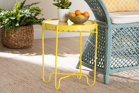 Baxton Studio Laverne Yellow Metal Side Table with Scalloped Tray Top - Round Accent Table with Decorative Base for Indoor or Semi-Outdoor Use
