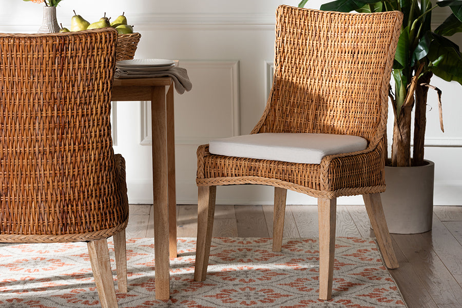bali & pari Derris Natural Rattan Dining Chair with Cushion - Tall Wingback Side Chair with Solid Mango Wood Legs, Boho Coastal Style for Kitchen or Dining Room Seating, Light Honey