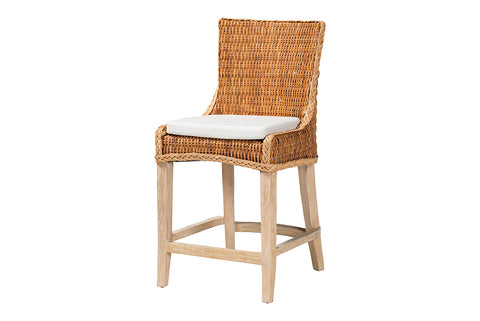 bali & pari Derris Natural Rattan Counter Stool with Cushion - Tall Wingback Stool with Solid Mango Wood Legs and Footrest, Boho Coastal Style for Kitchen Island or Dining Area Seating, Light Honey