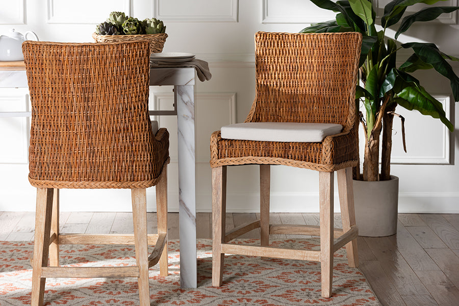 bali & pari Derris Natural Rattan Counter Stool with Cushion - Tall Wingback Stool with Solid Mango Wood Legs and Footrest, Boho Coastal Style for Kitchen Island or Dining Area Seating, Light Honey