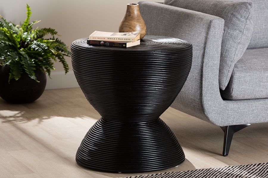 bali & pari Tokyo Laminated Natural Rattan Side Table -  Hourglass Accent Table with Modern Sculptural Design, Boho Chic Style for Living Room or Bedroom, Black