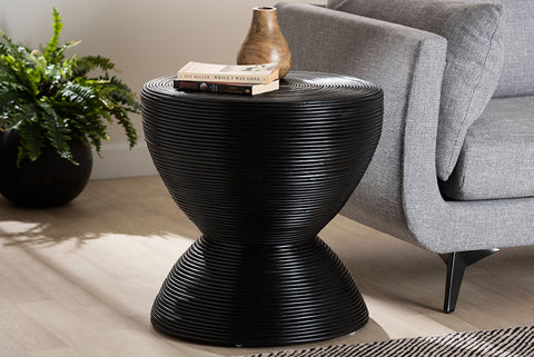 bali & pari Tokyo Laminated Natural Rattan Side Table -  Hourglass Accent Table with Modern Sculptural Design, Boho Chic Style for Living Room or Bedroom, Black