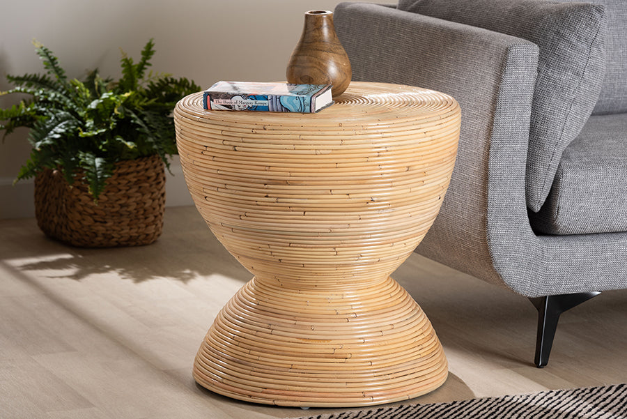 bali & pari Tokyo Laminated Natural Rattan Side Table -  Hourglass Accent Table with Modern Sculptural Design, Boho Chic Style for Living Room or Bedroom, Natural