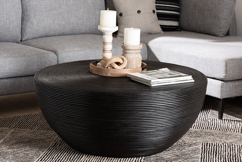bali & pari Tokyo Laminated Natural Rattan Coffee Table - Handcrafted Bowl-Shaped Center Table for Living Room, Coastal Boho Style Furniture in Black
