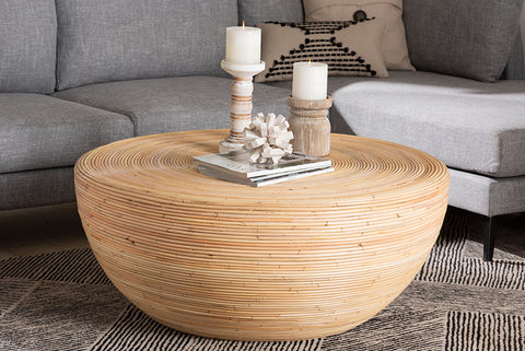 bali & pari Tokyo Laminated Natural Rattan Coffee Table - Handcrafted Bowl-Shaped Center Table for Living Room, Coastal Boho Style Furniture in Natural Brown