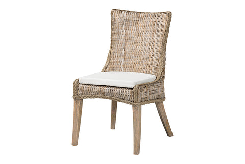 bali & pari Derris Natural Rattan Dining Chair with Cushion - Tall Wingback Side Chair with Solid Mango Wood Legs, Boho Coastal Style for Kitchen or Dining Room Seating, Greywashed