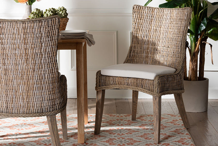 bali & pari Derris Natural Rattan Dining Chair with Cushion - Tall Wingback Side Chair with Solid Mango Wood Legs, Boho Coastal Style for Kitchen or Dining Room Seating, Greywashed