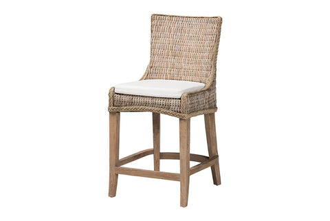 bali & pari Derris Natural Rattan Counter Stool with Cushion - Tall Wingback Stool with Solid Mango Wood Legs and Footrest, Boho Coastal Style for Kitchen Island or Dining Area Seating, Greywashed