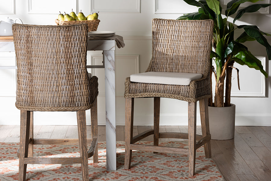 bali & pari Derris Natural Rattan Counter Stool with Cushion - Tall Wingback Stool with Solid Mango Wood Legs and Footrest, Boho Coastal Style for Kitchen Island or Dining Area Seating, Greywashed