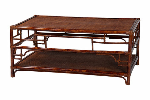 bali & pari Sebalio Tortoise Natural Rattan Coffee Table with Open Shelf - Vintage Style Center Table for Living Room, Sunroom, or Coastal Living Space